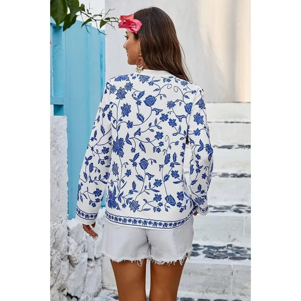 Floral Printed Loose Fit Blouse Royal Blue White Ladies Top V Neck Lightweight - Picture 4 of 4